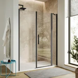 Box doccia nicchia 155 cm 20 giunto + 75 battente + 60 fisso con vetro temperato trasparente e profilo nero opaco 195h - Nilo