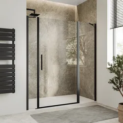 Box doccia nicchia 160 cm 55 giunto + 80 battente + 25 fisso con vetro temperato trasparente e profilo nero opaco 190h - Nilo