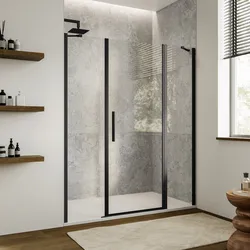 Box doccia nicchia 170 cm 45 giunto + 80 battente + 45 fisso con vetro temperato trasparente e profilo nero opaco 190h - Nilo