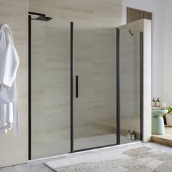 Box doccia nicchia 195 cm 50 giunto + 75 battente + 70 fisso con vetro temperato trasparente e profilo nero opaco 190h - Nilo