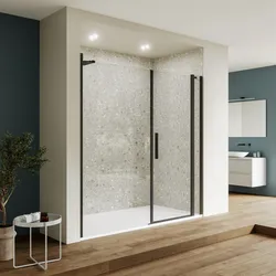 Box doccia nicchia 200 cm 25 giunto + 75 battente + 100 fisso con vetro temperato trasparente e profilo nero opaco 195h - Nilo