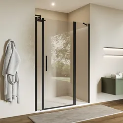 Box doccia nicchia 140 cm 35 giunto+90 battente+15 fisso con vetro temperato trasparente e profilo nero opaco 195h - Nilo