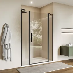 Box doccia nicchia 150 cm 25 giunto + 90 battente + 35 fisso con vetro temperato trasparente e profilo nero opaco 195h - Nilo