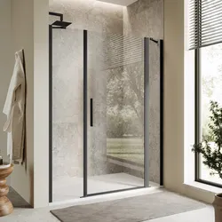 Box doccia nicchia 160 cm 25 giunto + 90 battente + 45 fisso con vetro temperato trasparente e profilo nero opaco 195h - Nilo