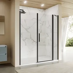 Box doccia nicchia 180 cm 35 giunto+85 battente+60 fisso con vetro temperato trasparente e profilo nero opaco 195h - Nilo