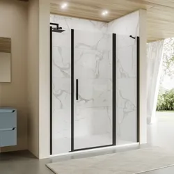 Box doccia nicchia 180 cm 55 giunto + 90 battente + 35 fisso con vetro temperato trasparente e profilo nero opaco 195h - Nilo