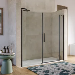 Box doccia nicchia 200 cm 25 giunto + 85 battente + 90 fisso con vetro temperato trasparente e profilo nero opaco 195h - Nilo