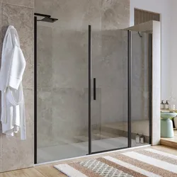 Box doccia nicchia 215 cm 40 giunto + 85 battente + 90 fisso con vetro temperato trasparente e profilo nero opaco 195h - Nilo