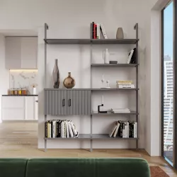 Libreria 157x216h cm con 2 ante con soft close antracite cannettato e dettagli nero opaco - Lofti