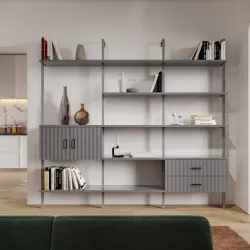 Libreria 234x216h cm con 2 ante e 2 cassetti con soft close antracite cannettato e dettagli nero opaco - Lofti