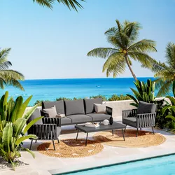 Set relax divano 2 poltrone e tavolino in alluminio antracite con dettagli in corda - Janeiro