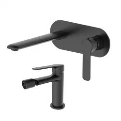 Set miscelatore lavabo a muro con piastra e bidet nero – Tila