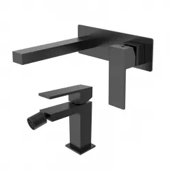 Set miscelatore lavabo a muro con piastra e bidet nero – Tiamat