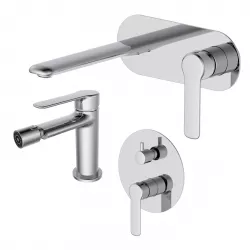 Set miscelatore lavabo a muro con piastra e bidet con incasso doccia con deviatore cromo – Tila