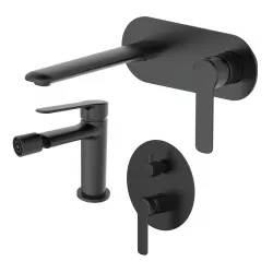 Set miscelatore lavabo a muro con piastra e bidet con incasso doccia con deviatore nero – Tila