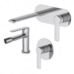 Set miscelatore lavabo a muro con piastra e bidet con incasso doccia cromo – Tila