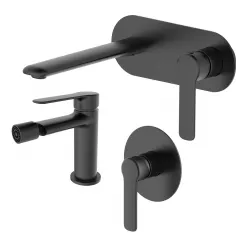 Set miscelatore lavabo a muro con piastra e bidet con incasso doccia nero – Tila