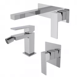 Set miscelatore lavabo a muro con piastra e bidet con incasso doccia cromo – Tiamat