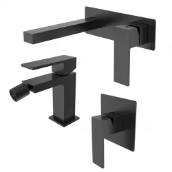 Set miscelatore lavabo a muro con piastra e bidet con incasso doccia nero – Tiamat