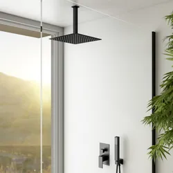 Set incasso doccia con deviatore e doccino con braccio doccia a soffitto 20 cm e soffione 25x25 cm nero – Tiamat