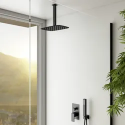 Set incasso doccia con deviatore e doccino con braccio doccia a soffitto 20 cm e soffione 30x20 cm nero – Tiamat