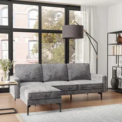 Divano 3 posti in tessuto ciniglia grigio con chaise longue a sinistra e piedi neri - Mozen