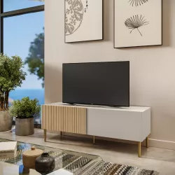 Mobile porta tv 140x44h cm cashmere e rovere albini cannettato con 2 cassetti e gambe oro opaco - Zelma