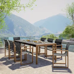 Set pranzo tavolo con top in vetro 220x100 cm e 8 sedie con braccioli in alluminio grigio effetto legno - Ohen