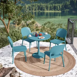 Set pranzo con tavolo rotondo 80 cm e 4 sedie impilabili in polipropilene blu maldive - Tulipano