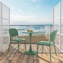 Set bistrot con tavolo rotondo 60 cm e 2 sedie impilabili in polipropilene verde giada - Tulipano