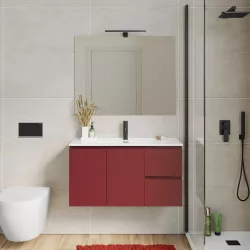 Mobile bagno sospeso 90 cm con doppia anta e doppio cassetto rosso brik – Compact