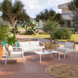 Set relax divano due poltrone e tavolino in alluminio bianco e polyrattan naturale - Rezzy