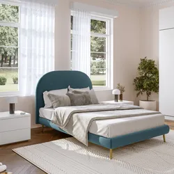 Letto una piazza e mezza 120x190 cm in tessuto effetto maglia petrolio con piedi oro - Evander