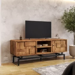 Mobile porta tv 148x55h cm in legno di acacia con 2 ante e struttura in metallo nero - Baktu