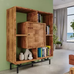 Libreria 118x139h in legno di acacia con scoparto centrale con anta - Baktu