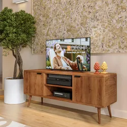 Mobile porta tv 145x60h cm in legno di acacia cannettato con 2 ante e vani a giorno - Gunadi
