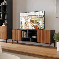 Mobile porta tv 175x60h cm in legno di acacia cannettato con 2 ante e vani a giorno - Ibrahim