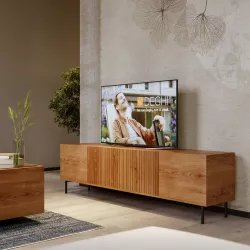 Mobile porta tv 200x60h cm in legno di acacia cannettato con 4 ante - Yuni