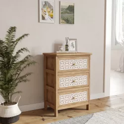 Cassettiera 40x58h cm in legno di paulownia naturale con 3 cassetti e decorazione a fiori bianco - Claster