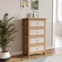 Cassettiera 40x73h cm in legno di paulownia naturale con 4 cassetti e decorazione a fiori bianco - Claster