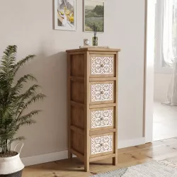 Cassettiera 26x81h cm in legno di paulownia naturale con 4 cassetti e decorazione a fiori bianco - Claster