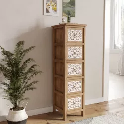 Cassettiera 26x98h cm in legno di paulownia naturale con 5 cassetti e decorazione a fiori bianco - Claster