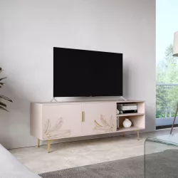 Mobile porta tv 150x54h cm in legno cashmere con vani a giorno e 2 ante decorate e piedi in metallo oro - Rosalind