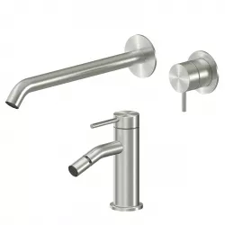 Set miscelatore lavabo a muro canna 25 cm e bidet acciaio inox 316L – Pure