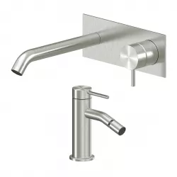 Set miscelatore lavabo a muro canna 20 con piastra e bidet acciaio inox 316L – Pure