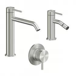 Set miscelatore lavabo bocca lunga e bidet con incasso doccia acciaio inox 316L – Pure