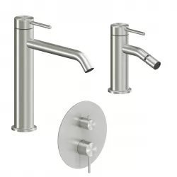 Set miscelatore lavabo bocca lunga e bidet con incasso doccia con deviatore acciaio inox 316L – Pure