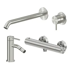Set miscelatore lavabo a muro canna 25 cm e bidet con esterno doccia termostatico acciaio inox 316 – Pure