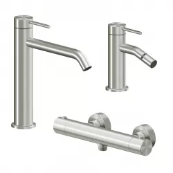 Set miscelatore lavabo bocca lunga e bidet con esterno doccia termostatico acciaio inox 316L – Pure