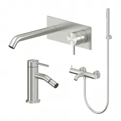 Set miscelatore lavabo a muro canna 20 con piastra e bidet con esterno vasca acciaio inox 316L – Pure